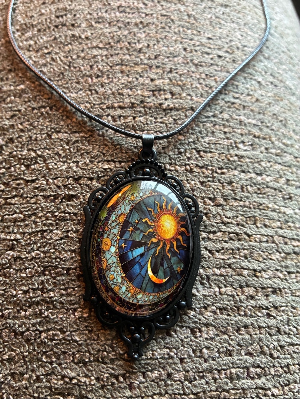 Sun and Moon Stained Glass Pendant Necklace - Black cord